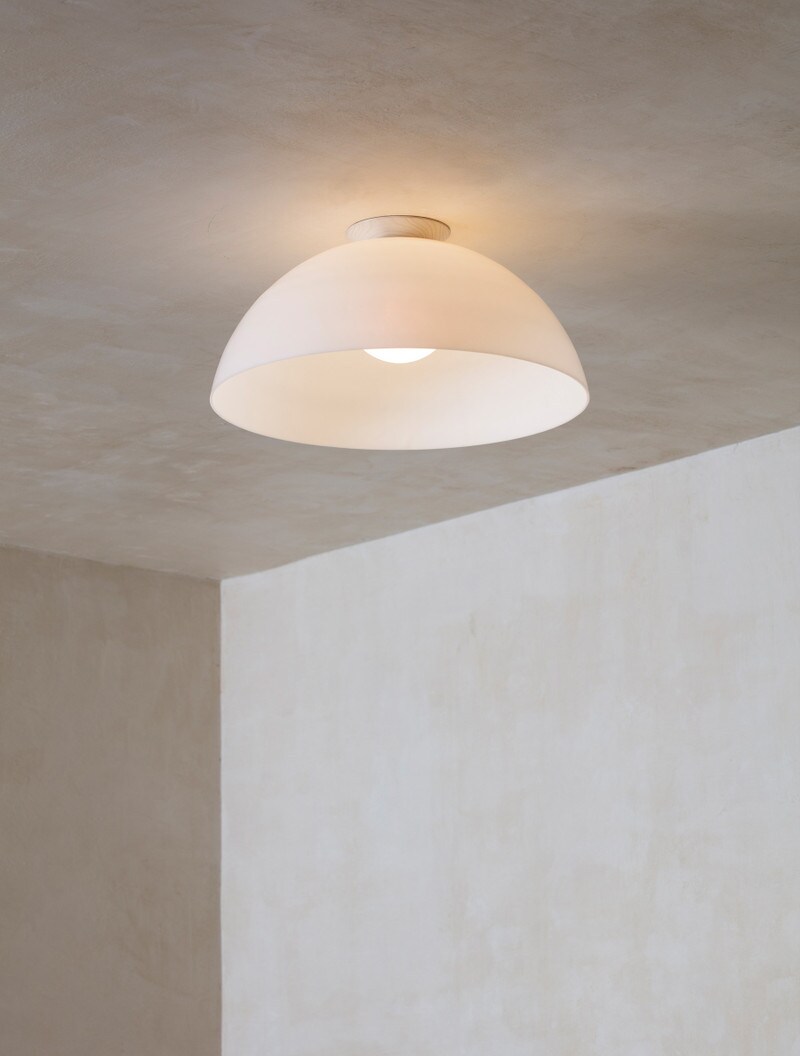 Glass Flush Half-Dome 20" shown in Matte White Dome, Bleached Walnut, Matte White Globe